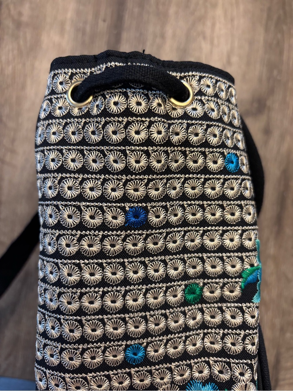 Backpack - Embroidered Floral Black and Blue Drawstring - Picture 8 of 8